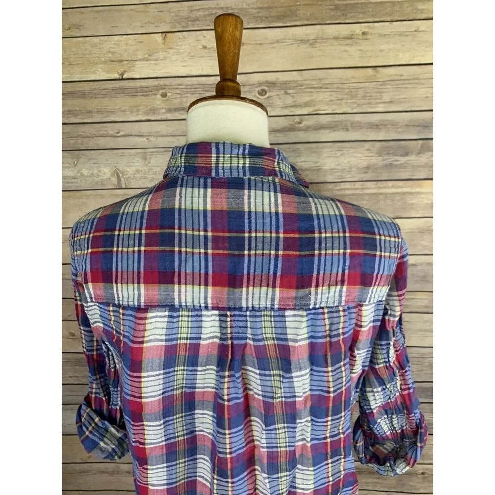 American Eagle Womens M Vintage Boyfriend Plaid Top Button Front Tabbed Sleeves - Picture 7 of 10